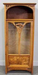 Art Nouveau Carved and Inlaid Cabinet Signed C.