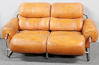 Midcentury 1970s Mariani Leather and Chrome Sofa.