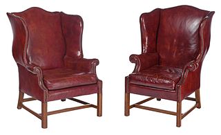 Pair of Chippendale Style Leather Upholstered Easy Chairs