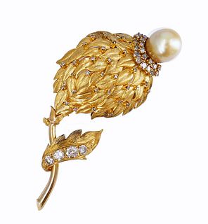 Vintage BROOCH 14k Gold Pearl Diamond Pin Estate Jewelry