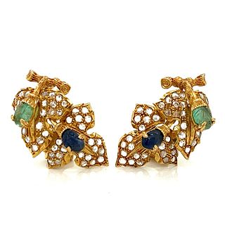 Federico Buccelatti 18K Yellow Gold Diamond, Emerald, and Sapphire Earrings