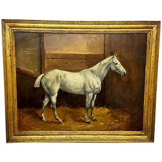  WHITE HORSE IN ASTABLE OIL PAINTING
