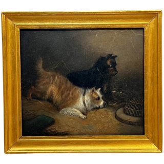  PORTRAIT OF 2 TERRIER DOGS OIL PAINTING  