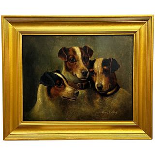  PORTRAIT OF THREE JACK RUSSELL DOGS OIL PAINTING 