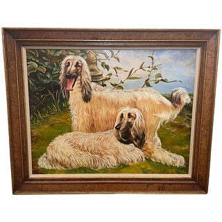 PORTRAIT OF ANIMALS AFGHAN HOUND DOGS OIL PAINTING