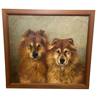   PORTRAIT OF CHINESE CHOW CHOW DOGS TING & CHING OIL PAINTING