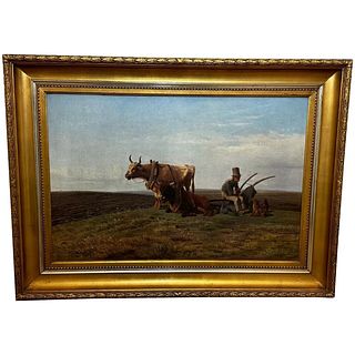  FARMER WEARING TOP HAT & FARM DOG AT REST OIL PAINTING