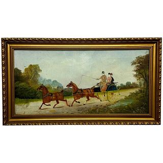  HORSES & CARRIAGE COACHMAN RIDERS  OIL PAINTING