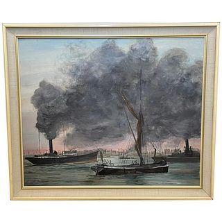 "BUSY THAMES" STEAM SHIPS OIL PAINTING