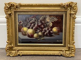 STILL LIFE OF GRAPES PEACHES FIGS FRUIT OIL PAINTING 