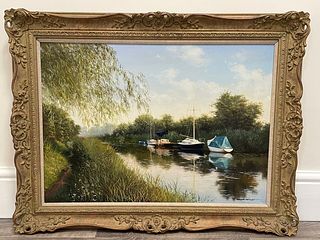 PASTORAL BOATS OIL PAINTING 