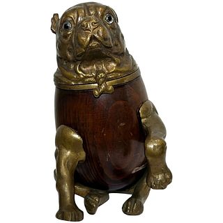  BRONZE & CARVED WOOD BULL DOG INKWELL COLLECTIBLE