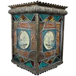 LEADED & CUT GLASS CEILING HANGING LIGHT COVER LANTERN