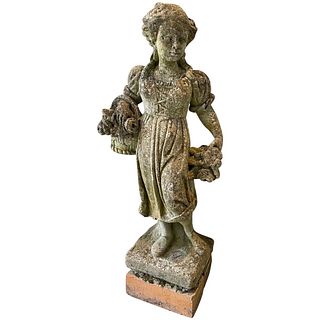 GARDEN STATUE YOUNG LADY CARRYING BASKET FLOWERS