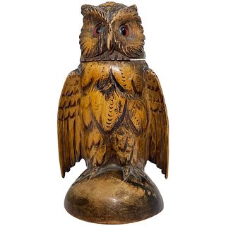 CARVED WOOD OWL BIRD INKWELL TREEN SCULPTURE