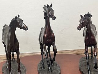 SET OF 3 SMALL SOLID BRONZE HORSE RACING