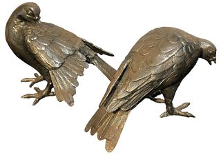 Pair Patinated Cast Iron Pigeons 