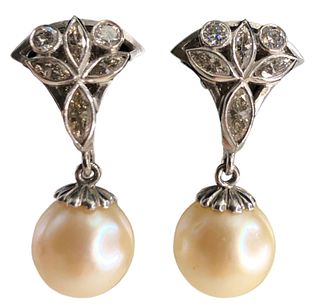 Art Deco 14k Gold Pearl Diamond Earrings