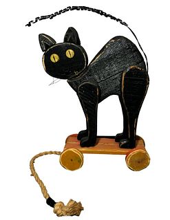 Vintage Folk Art Black Cat Pull Toy 