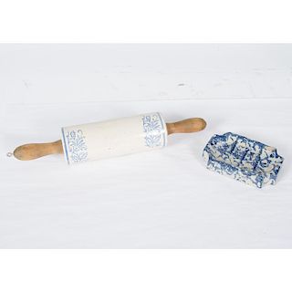 Salt-glazed Rolling Pin and Spatterware Soap Dish