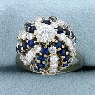 Vintage Cactus Design 2 1/2ct TW Diamond and Sapphire Ring in 14k White Gold
