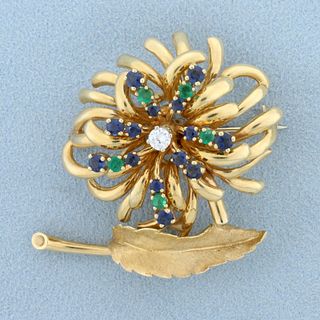 Vintage Dan Frere Designer Emerald, Sapphire, and Diamond Feather and Flower Design Pin Brooch in 14k Yellow Gold