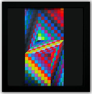 Victor Vasarely- Heliogravure Print "Axo - 77 de la serie Hommage A L'Hexagone"