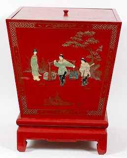 CHINESE SQUARE TAPERED RED LACQUER CABINET W/ LID