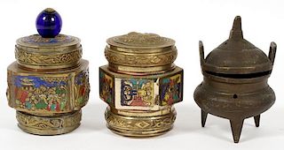 CHINESE ENAMEL ON BRONZE COVERED JARS AND INCENSE