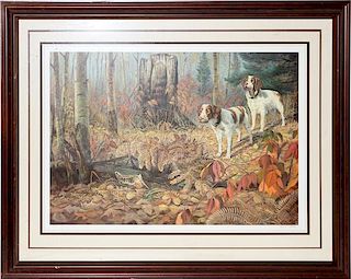 JIM FOOTE COLORED LITHOGRAPH TWO HUNTING DOGS