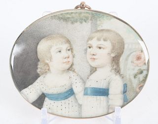 Portrait Miniature of Children Siblings, 19th Century