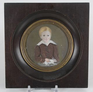 Portrait Miniature of a Young Boy with Rabbit, 19th Century