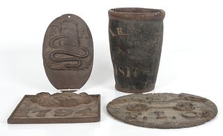 Three Cast Iron Fire Plaques and Bucket