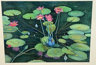 GEOFF STACK COLORFUL WATERCOLOR & PASTEL PAINTING OF BIRD ON LILY PAD