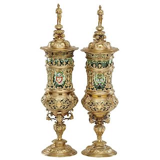 PAIR OF GILT BRONZE AND ENAMELED GLASS POKALS