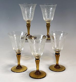 5 CORDIAL GLASSES W AMBER STEMS
