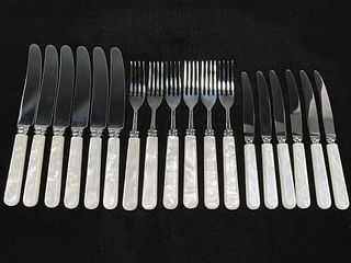 SHEFFIELD STAINLESS FLATWARE WITH MOTHER OF PEARL HANDLES