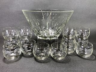 ETCHED GLASS PUNCH BOWL AND GLASSES