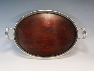 SILVERPLATE OVAL SERVING TRAY WITH WOODEN BASE