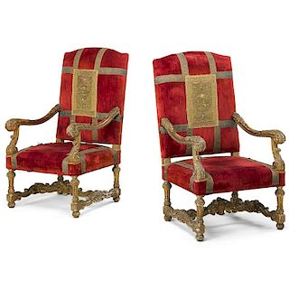 PAIR OF ITALIAN BAROQUE STYLE GILTWOOD ARMCHAIRS