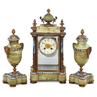 CHAMPLEVE AND ONYX CLOCK GARNITURE