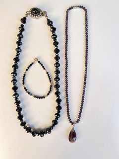 TWO FACETED GLASS BEAD NECKLACES & BRACELET