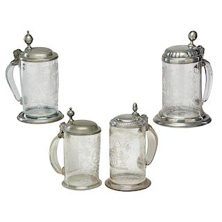ENGRAVED GLASS AND PEWTER TANKARDS