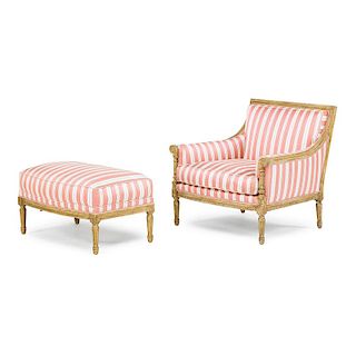 LOUIS XVI STYLE GILTWOOD BERGERE AND OTTOMAN