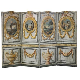 FRENCH PAINTED CANVAS FOUR PANEL SCREEN
