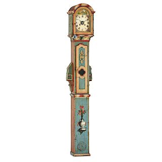 CARVED AND PAINTED WOOD TALL CASE CLOCK
