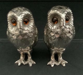 sterling silver owl cruet set Richard Comyns, London 1967
