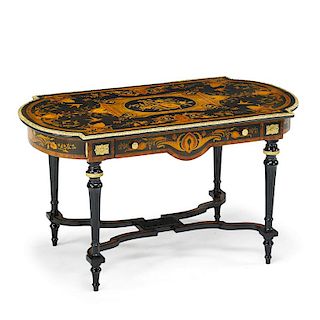 VICTORIAN STYLE MARQUETRY INLAID LIBRARY TABLE