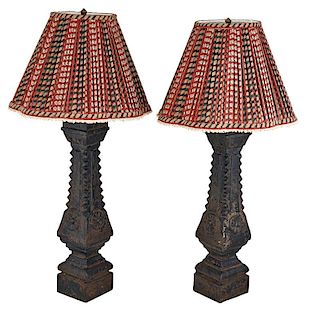 PAIR OF CAST IRON BALUSTER LAMPS