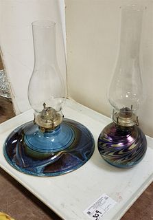 TRAY ART GLASS OIL LAMP SGND. SVA 6"-16" W/ HURRICANE & CAMPBELLS SGND. ART POTTERY OIL LAMP 5"H X 10" DIAM.-14"H W/HURRICANE
